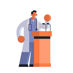 male doctor in white coat giving speech from tribune with microphones medicine healthcare concept hospital medical clinic worker with stethoscope full length white background flat vector illustration