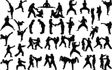 A large set of silhouettes of children of girls and boys practicing karate in different stances during the strike and blocks - obrazy, fototapety, plakaty