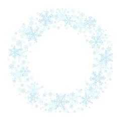  Vector Merry Christmas wreath of light blue snowflakes on white background. Snowflakes round frame with copy space. Happy New Year template for season greeting. Snowfall festive card.