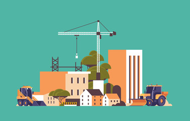 modern construction site with cranes tractor and bulldozer unfinished building exterior flat horizontal vector illustration © mast3r