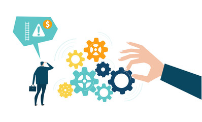 Business man looking on rotating gears, concept illustration 