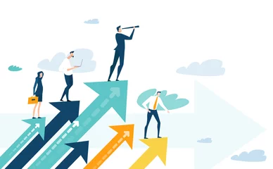 Gordijnen Successful businessman standing on the arrow, which pointing up as symbol of achievement, success and developing business in successful way. Businessman looking forward with the telescope. © IRStone