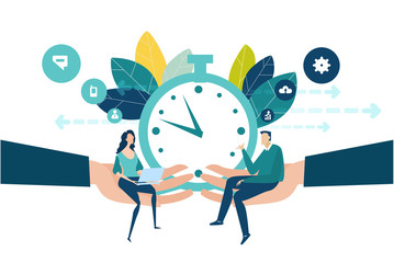 Business people, creative team talking about business. Hand of businessman holding and supporting the people in stat up. Business concept illustration