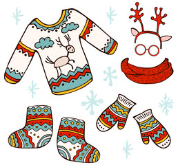 Holiday Collection. Set of christmas clothes. Christmas sweater with a deer, mittens, hat, scarf, felt boots. New Year. Merry Christmas. Template for greeting card, postcard.