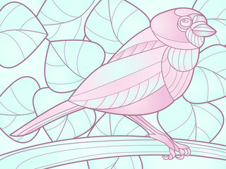 illustration of a tropical bird on a background of leaves, stained glass style