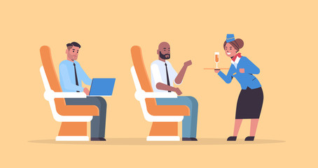 flight attendant serving alcohol drinks to airplane board passengers stewardess in uniform holding tray with champagne glass professional service travel concept full length horizontal flat vector