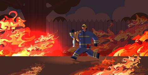 fireman carrying hose extinguishing flame in burning house backyard firefighter wearing uniform and helmet firefighting emergency service concept orange flame background full length horizontal vector