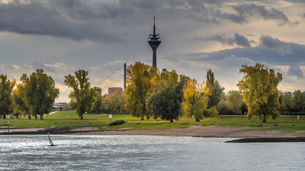 Fototapeta na wymiar Der Fernsehturm in Düsseldorf in herbstlicher Rheinufersstimmung