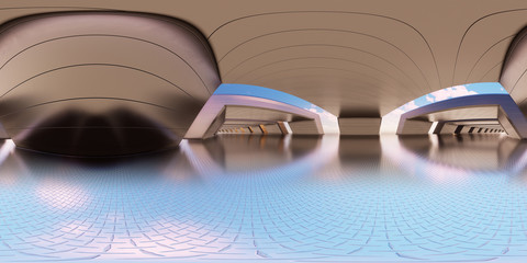 Colorful 360 degree abstract panoramic background: metal tunnel.  (Car backplate, 3D rendering computer digitally generated illustration.)