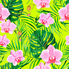 Orchid flower with tropical palm leaf on a background. Watercolor seamless pattern.