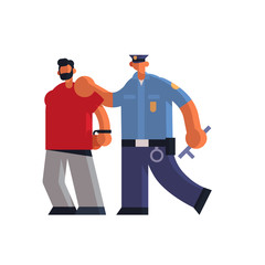 male police officer arrested criminal policeman in uniform holding caught suspect thief security authority justice law service concept flat full length white background vector illustration