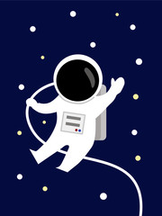 Fototapeta premium vector cartoon astronaut fly in space among star blue background waving hand
