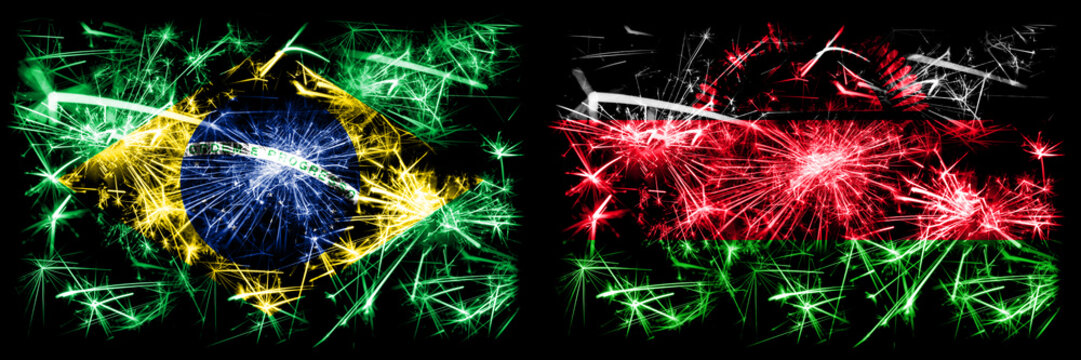 Brazil, Brazilian vs Malawi, Malawian New Year celebration sparkling fireworks flags concept background. Combination of two states flags - Powered by Adobe