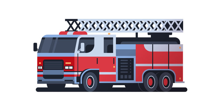fire rescue red truck firefighting machine emergency service car extinguishing fire concept flat white background full length horizontal vector illustration