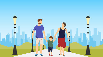 Happy family walks in a city park against the background of the urban landscape. Mom, dad and son are walking in a green park. Cartoon vector illustration in flat