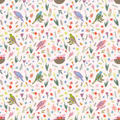 Floral print. Seamless pattern with birds and flowers.
