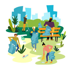 Volunteers collect garbage in the park. Plastic bottles and coffee paper cups are folded into garbage bags. Flat cartoon style. Vector illustration.
