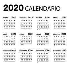 Spanish calendar 2020 with simple black numbers, week starts on Monday. Vector calendar 2020.
