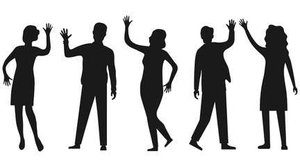 Silhouettes of people waving hand isolated on white. People wave their hands and greet each other. Vector, cartoon illustration of waving people.