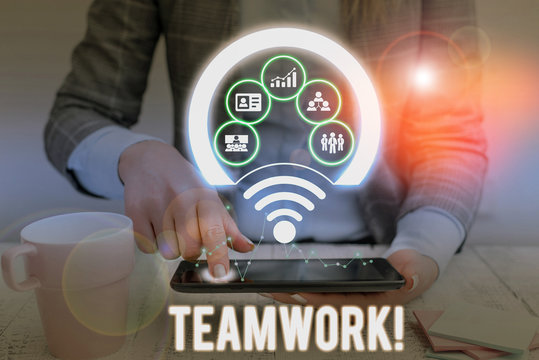 Conceptual hand writing showing Teamwork. Concept meaning combined action of group especially when effective and efficient Picture photo network scheme with modern smart device