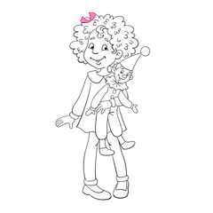 Cute little girl with a favorite toy clown. Black and white picture with pink accent. In cartoon style. Isolated on white background. For coloring book. Vector illustration.