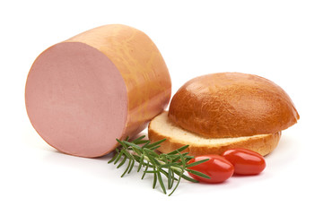 Sliced fresh boiled pork sausage, isolated on white background