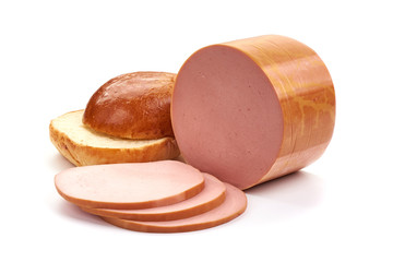 Fresh pork Boiled sausage slices, isolated on white background