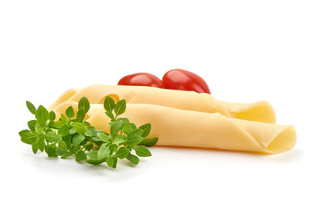 Traditional Dutch Gouda cheese slices, isolated on white background