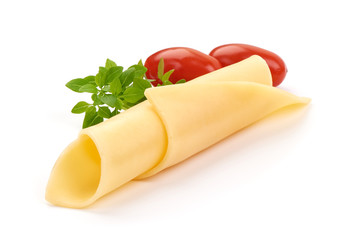 Traditional Dutch Gouda cheese slices, isolated on white background