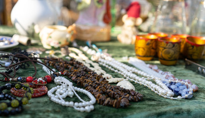 Various beads on a counter for sale