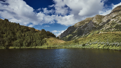 Naklejka na ściany i meble Small lake in the Caucasus mountains, Sochi, Russia. Bzerpinskiy Karniz