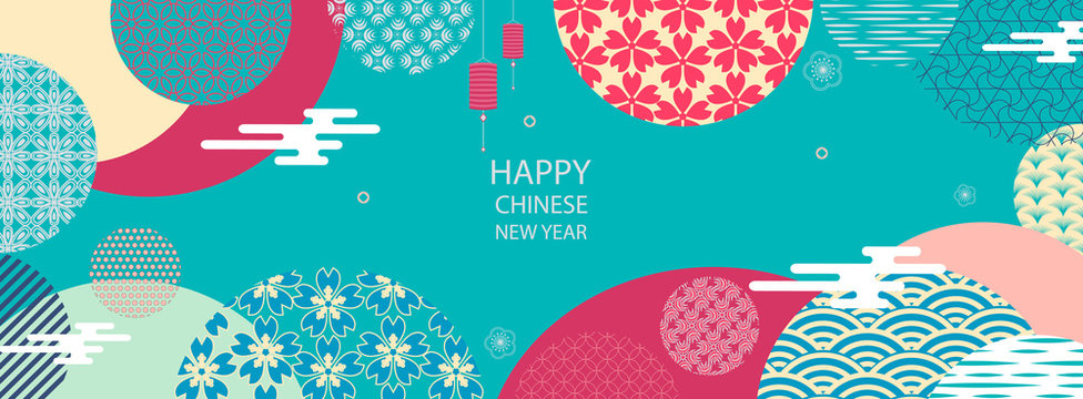 Happy new year 2020. A horizontal banner with Chinese elements of the new year.