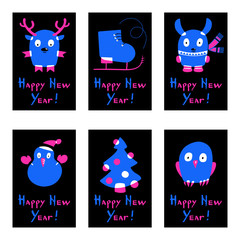 Set of neon style cards. Christmas balls, snowman, deer, ice skate, rabbit, owl and tree pine. Happy New Year calligraphy. Pink and blue fluorescent colors. Vector illustration.