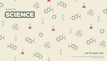 Science commercial banner. Retro style vector scientific background, cute vintage chemistry, physics or biology template for poster or web page design