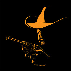  Man with cowboy hat and with a revolver. Portrait silhouette in contrast backlight. Vector. Illustration.