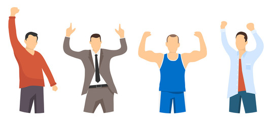 Fototapeta premium Portraits of successful and confident people. People are winners. Businessman, athlete, office worker, student. Winner man.Flat, vector cartoon illustration.