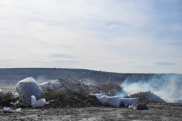 Trash and smoke representing a zone disaster and bad waste management. Planet problems concept. Nasty rubbish industry and dirty ecology on our planet. Destruction with lots of polluted materials 