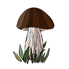 Colorful cartoon mushroom with grass on white background.