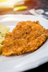 Chicken steak or schnitzel with mashed potatoes