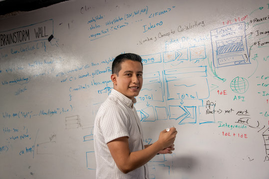 joven empresario latino en oficina, startup, lluvia de ideas y videojuegos