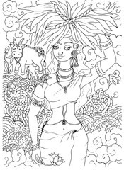 Fototapeta na wymiar Kerala beautiful young tribal woman with cow in nature, village life adults coloring book page, black outline on white background