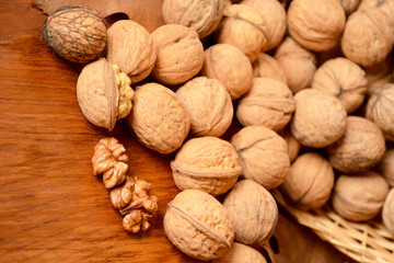 walnuts  on wooden background walnuts still life with nuts inshell walnuts and kernels  
