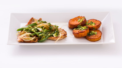 sweet potato pork steak, bistec de credo batata, meal on white plate on white background