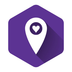 White Map pointer with heart icon isolated with long shadow. Valentines day. Love location. Romantic map pin. Purple hexagon button. Vector Illustration