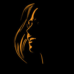 Happy pretty woman Face silhouette in contrast backlight. Vector. Illustration.