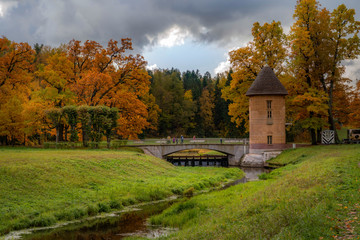 Slavyanka river in Pavlovsk Park frosty autumn morning. Pavlovsk, Saint Petersburg, Russia