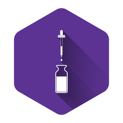 White Glass bottle with a pipette. Vial with a pipette inside and closed lid icon isolated with long shadow. Container for medical and cosmetic product. Purple hexagon button. Vector Illustration