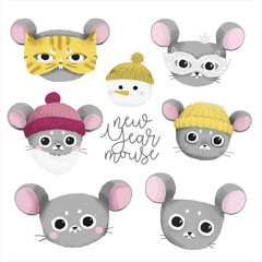 set of cute mouse faces, symbol of new year 2020, vector illustration