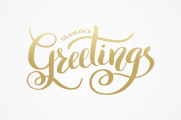Fototapeta na wymiar Season's Greetings brush calligraphy vector banner. Lettering winter frosty card white text on a snowy background. Christmas posters, cards, headers, website