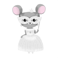 gray mouse princess in dress and mask, Happy New Year 2020 congratulation vector illustration